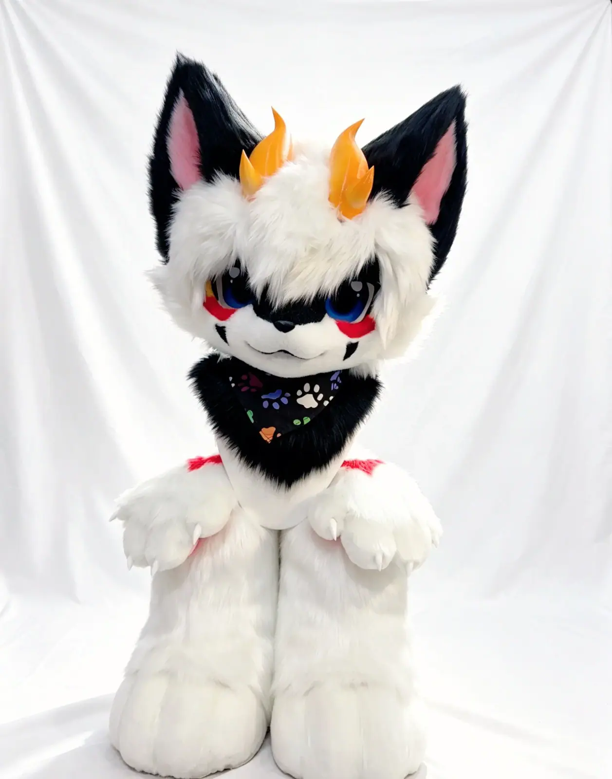 Kemono-style black and white fursuit with golden flame horns, blue anime eyes, red cheek marks and clawed hand paws, front view