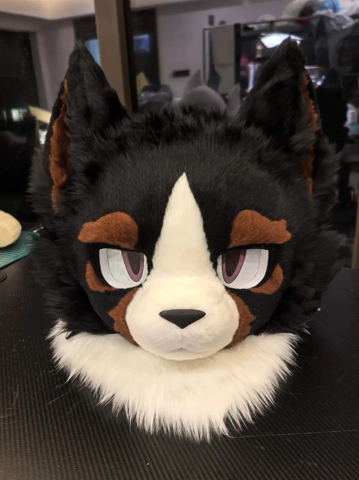 Toony-style black and white border collie fursuit head with brown eyebrows and an orange bandana, front close-up