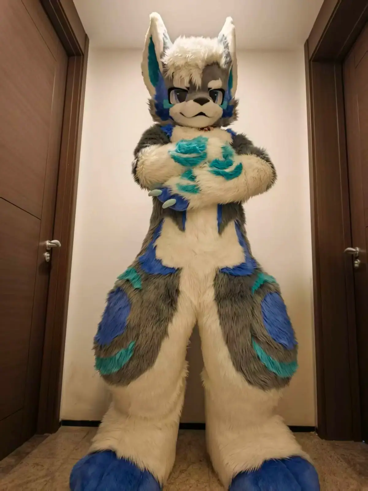 Toony-style cream, grey and teal dog fullsuit with blue-tipped feet paws, full-body view