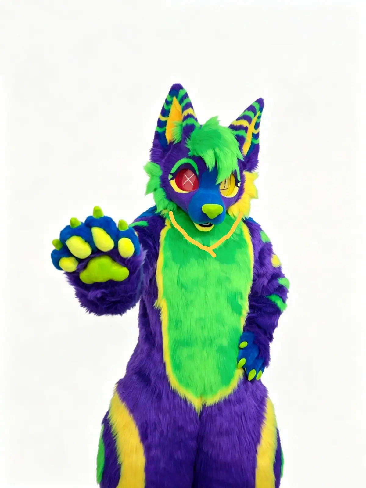 Toony-style purple, lime green and yellow wolf fullsuit with blue paws, a red X eye and a yellow exclamation eye, waving a hand paw