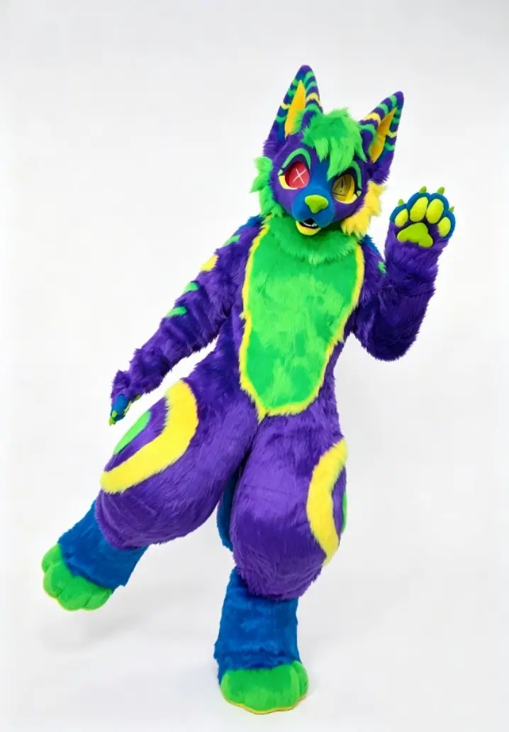 Toony-style purple, lime green and yellow wolf fullsuit with blue paws, a red X eye and a yellow exclamation eye, full-body pose